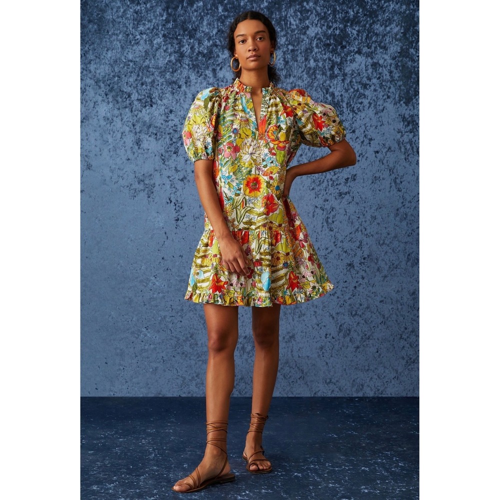 Marie Oliver Clara Floral Palm Mini Dress Sz XS Multi Puff Sleeve Tiered Resort